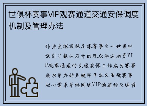 世俱杯赛事VIP观赛通道交通安保调度机制及管理办法